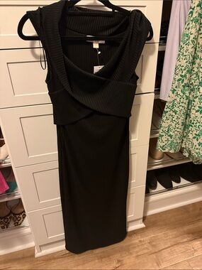 Michael Kors Black Sleeveless Ribbed Midi Dress with Draped Cowl- NWT